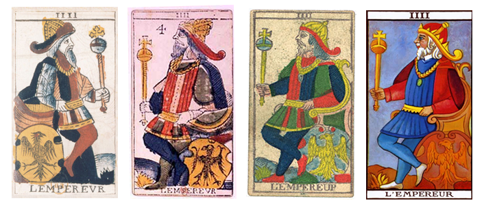 Four versions of the Emperor Trump from the Tarot de Marseilles